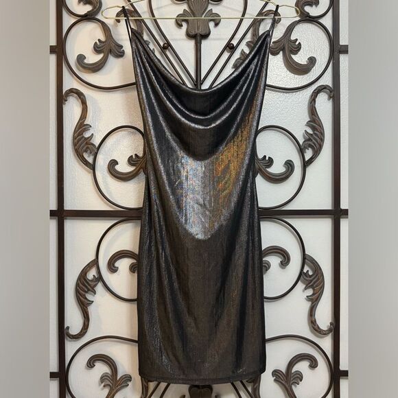 Madrag Dresses & Skirts - Shimmering Black Silver Slip Bodycon Stretch Party Dress with Low Back and Drape